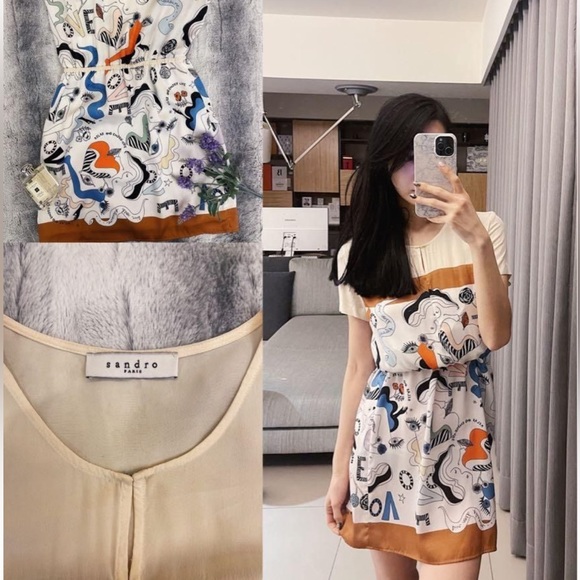 Sandro Rena Naive Silk Satin Abstract Print Dress 1/ Small - Picture 5 of 7